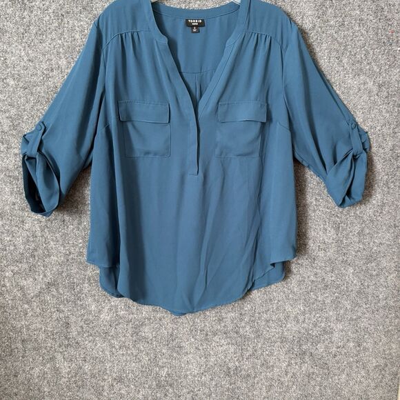 Torrid Harper 3/4 Sleeve Blouse Sz L Teal  Front Pockets Pullover Drapey - Picture 2 of 12